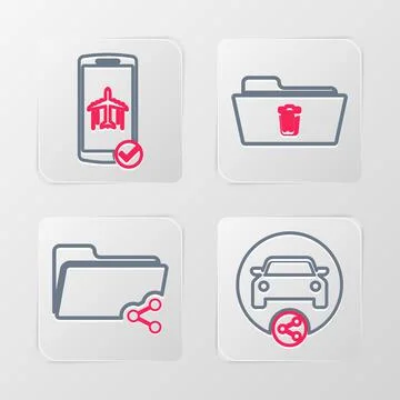 Set line Car sharing, Share folder, Delete and Flight mode the mobile icon Stock Illustration
