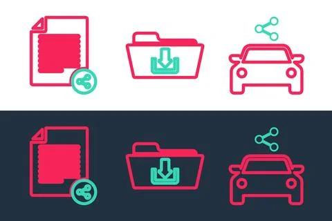 Set line Car sharing, Share file and Folder download icon. Vector Illustrazione stock