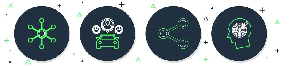 Set line Car sharing, Share, Network and Head hunting concept icon. Vector Stock Illustration