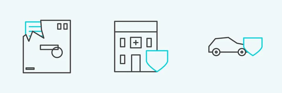 Set line Car with shield, Ordered envelope and Medical hospital building icon Illustrazione stock