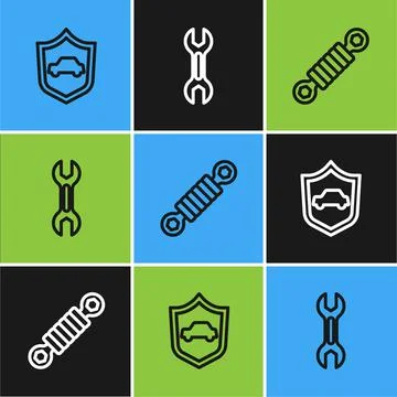 Set line Car with shield, Shock absorber and Wrench spanner icon. Vector イラスト素材