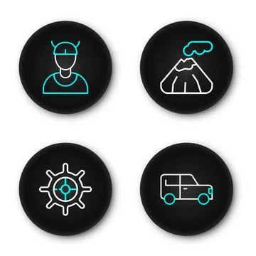 Set line Car, Ship steering wheel, Volcano and Viking head icon. Vector Stock Illustration