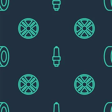 Set line Car spark plug, Alloy wheel and tire on seamless pattern. Vector Stock Illustration