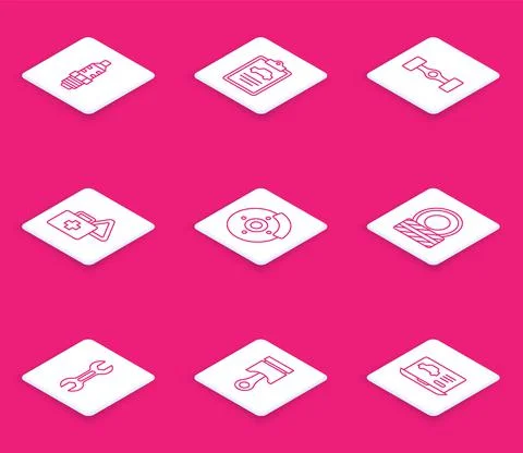 Set line Car spark plug, inspection, Chassis car, First aid kit and warning Stock Illustration