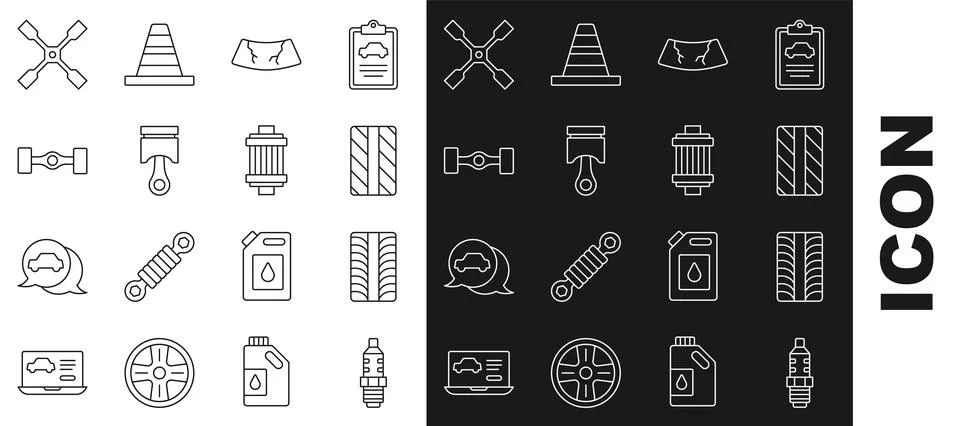 Set line Car spark plug, tire wheel, Broken windshield, Engine piston, Chassis Stock Illustration
