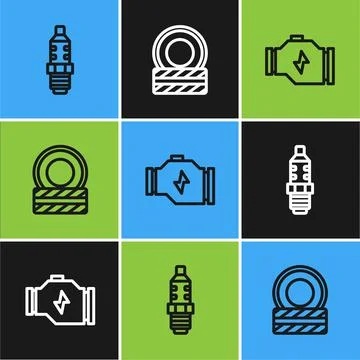 Set line Car spark plug, Check engine and tire wheel icon. Vector 스톡 일러스트