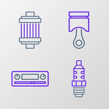 Set line Car spark plug, Audio, Engine piston and air filter icon. Vector イラスト素材