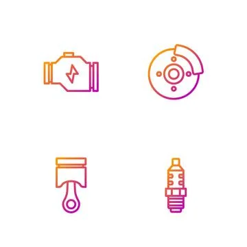 Set line Car spark plug, Engine piston, Check engine and brake disk with caliper Stock Illustration