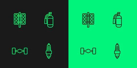 Set line Car spark plug, Chassis car, Racing traffic light and Fire extinguisher Stockillustratie
