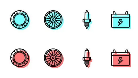 Set line Car spark plug, tire wheel, Alloy for car and battery icon. Vector イラスト素材
