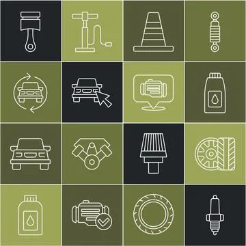Set line Car spark plug, tire wheel, Canister for motor machine oil, Traffic Stock Illustration