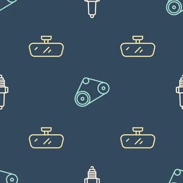 Set line Car spark plug, mirror and Timing belt kit on seamless pattern. Vector イラスト素材