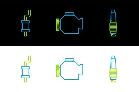 Set line Car spark plug, muffler and Check engine icon. Vector Stock Illustration
