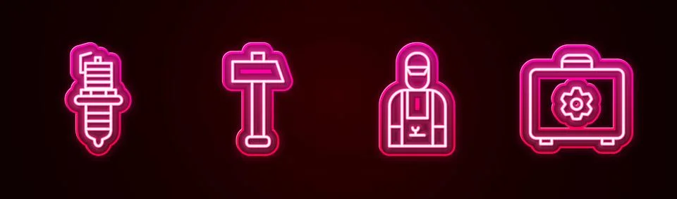Set line Car spark plug, Hammer, mechanic and Toolbox. Glowing neon icon. Vector Stock Illustration