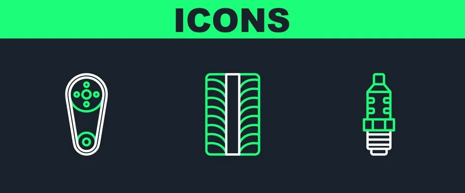 Set line Car spark plug, Timing belt kit and tire wheel icon. Vector Stock Illustration