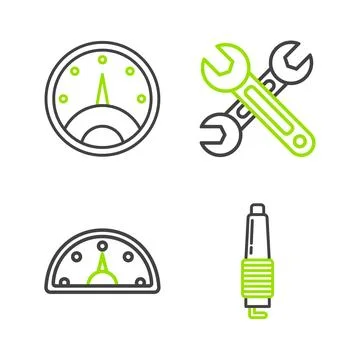Set line Car spark plug, Speedometer, Wrench and icon. Vector イラスト素材