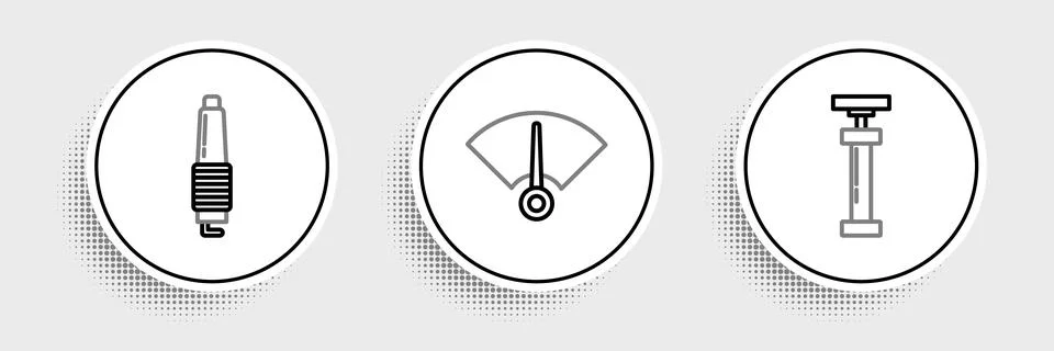 Set line , Car spark plug and Speedometer icon. Vector Illustrazione stock
