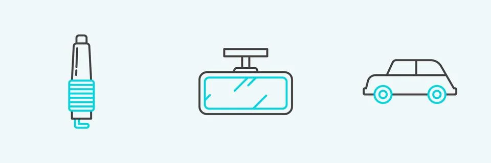 Set line Car, spark plug and mirror icon. Vector Stock Illustration