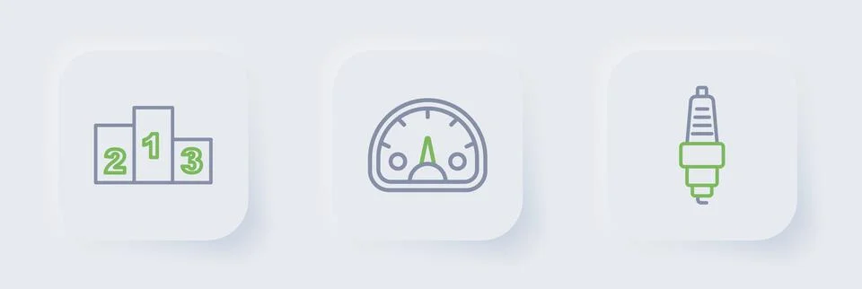 Set line Car spark plug, Speedometer and Award over sports winner podium ic.. Stock Illustration