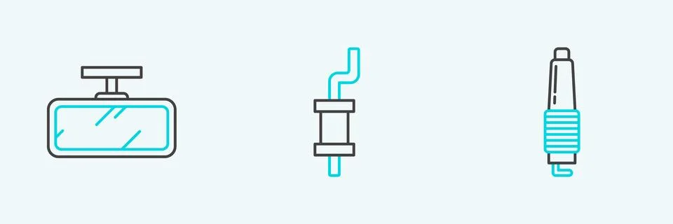 Set line Car spark plug, mirror and muffler icon. Vector イラスト素材