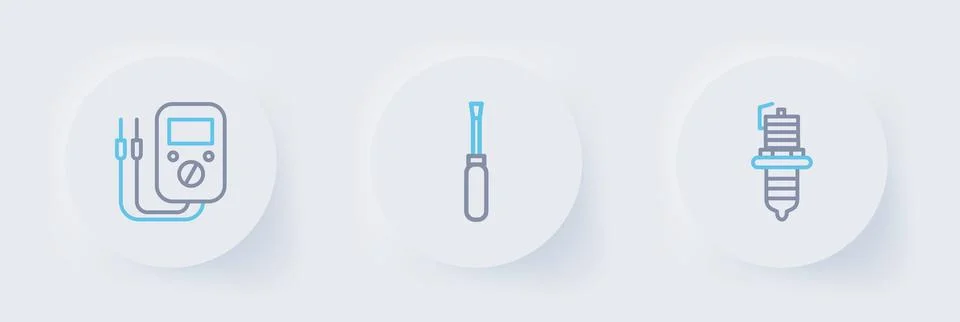Set line Car spark plug, Screwdriver and Multimeter icon. Vector Stock Illustration