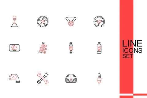 Set line Car spark plug, Speedometer, Wrench spanner, mirror, Nitrous oxide.. Stock Illustration