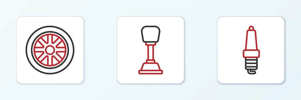Set line Car spark plug, wheel and Gear shifter icon. Vector Illustration