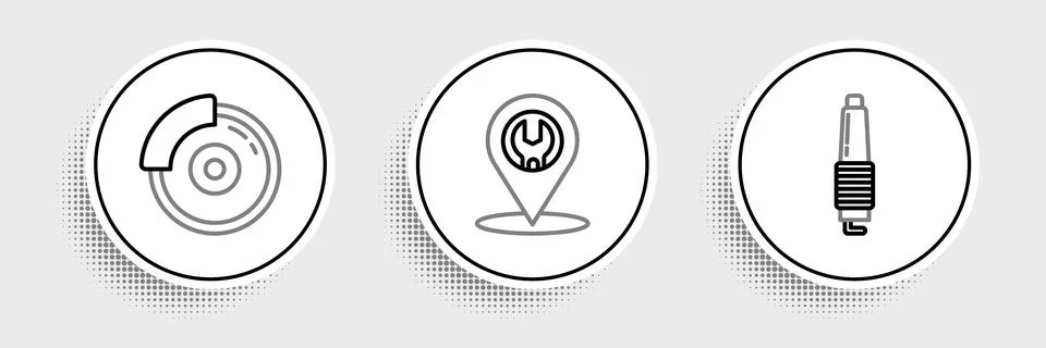 Set line Car spark plug, brake disk with caliper and service icon. Vector Stock Illustration