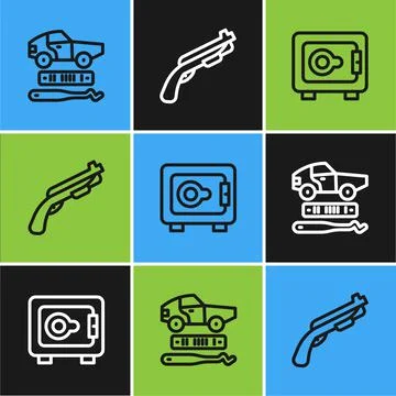 Set line Car theft, Safe and Police shotgun icon. Vector イラスト素材