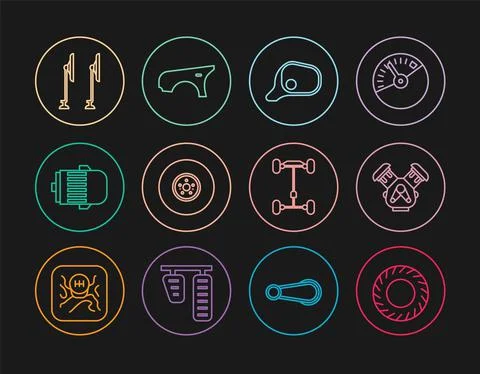 Set line Car tire, engine, mirror, brake disk, Electric, Windscreen wiper Stock Illustration
