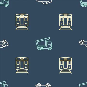 Set line Car, Train and railway and Delivery cargo truck on seamless pattern Stock Illustration