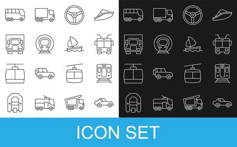 Set line Car, Train and railway, Trolleybus, Steering wheel, Delivery cargo Stock Illustration