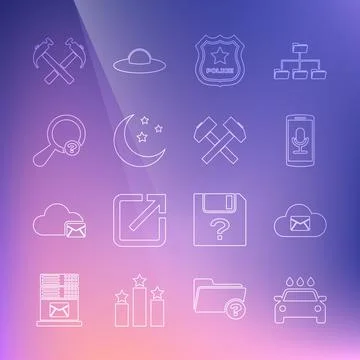 Set line Car wash, Cloud mail server, Mobile recording, Police badge, Moon and Stock Illustration
