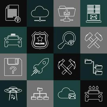 Set line Car wash, Folder tree, Two crossed hammers, FTP folder download, Police 스톡 일러스트