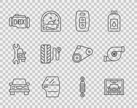 Set line Car, wash, key with remote, door, Check engine, Tire pressure gaug.. Stock Illustration