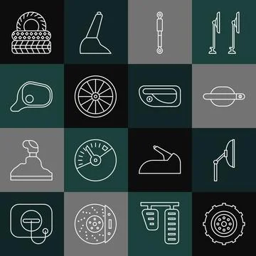 Set line Car wheel, Windscreen wiper, door handle, Shock absorber, mirror, tire Illustration