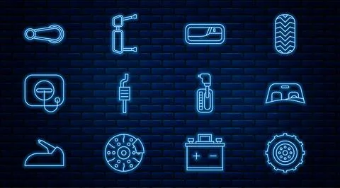 Set line Car wheel, windscreen, door handle, muffler, Oil filler cap at gas.. Illustration