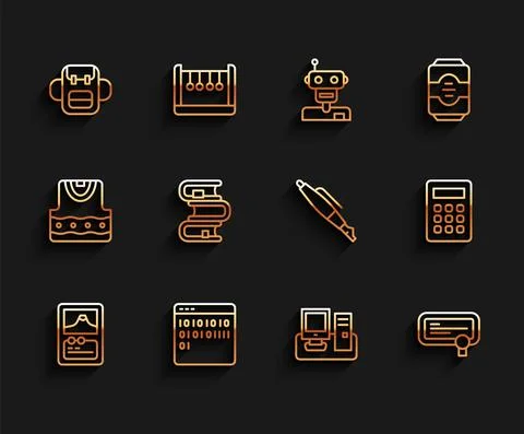 Set line Card game, Binary code, School backpack, Monitor with keyboard Stock Illustration