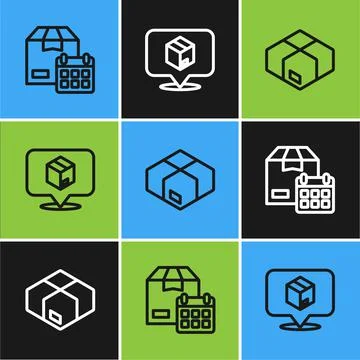 Set line Cardboard box with calendar, Carton cardboard and Location icon. Vector Stock Illustration