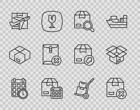 Set line Cardboard box with calendar, Carton cardboard, Search package, Pla.. Stock Illustration