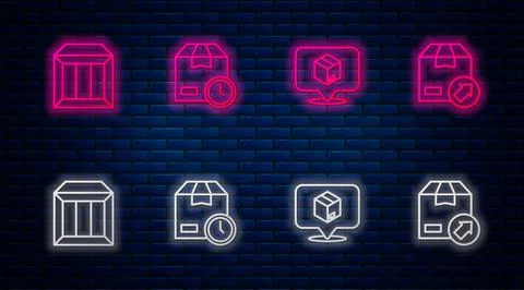 Set line Cardboard box with clock, Location cardboard, Carton and . Glowing neon Stock Illustration