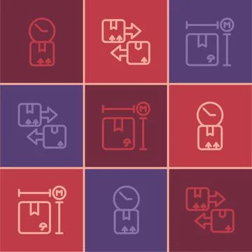 Set line Cardboard box with clock, measurement and traffic symbol icon. Vector Illustrazione stock
