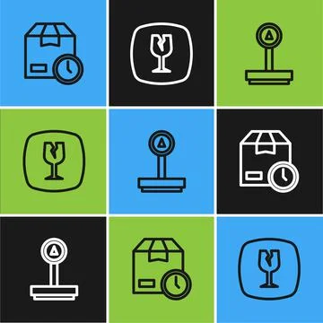Set line Cardboard box with clock, Scale and Fragile broken glass icon. Vector Stock Illustration