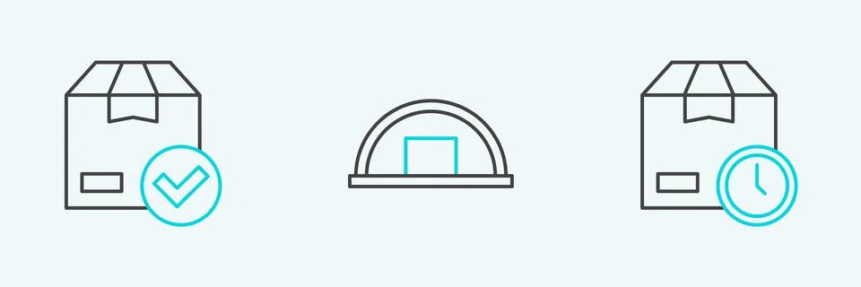 Set line Cardboard box with clock, ackage check mark and Warehouse icon. Vector Ilustración de archivo