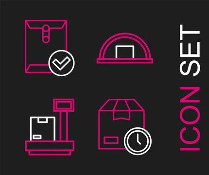 Set line Cardboard box with clock, Scale cardboard, Warehouse and Envelope .. Illustrazione stock