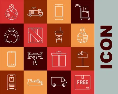 Set line Cardboard box with free symbol, Open mail, Mobile phone app delivery Stock Illustration