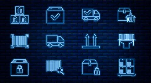 Set line Cardboard boxes on pallet, Scanner scanning bar code, Delivery truck 库存插图