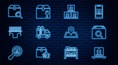 Set line Cardboard boxes on pallet, Search package, with traffic, Delivery truck Stock Illustration