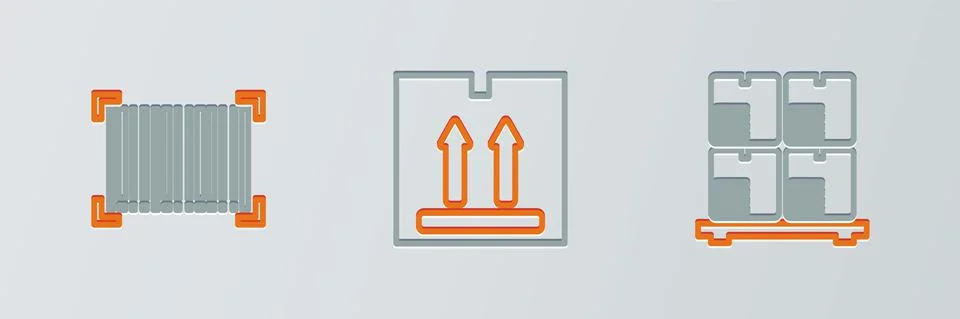Set line Cardboard boxes on pallet, Barcode and with traffic icon. Vector Illustrazione stock