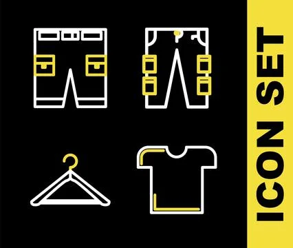 Set line Cargo pants, T-shirt, Hanger wardrobe and Short or icon. Vector Stock Illustration